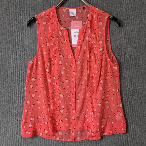 Cabi Top Womens Large Suave Pintuck Blouse Coral Blossom Semi-Sheer Tank - Picture 1 of 11